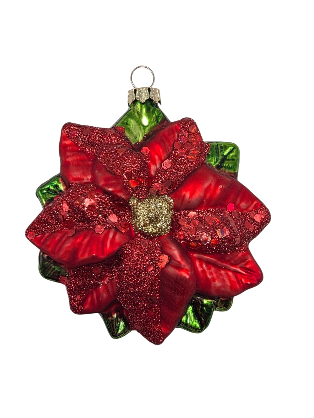 Vintage Blown Glass Red Poinsettia Christmas Ornament Glitter Flower 4" Xmas